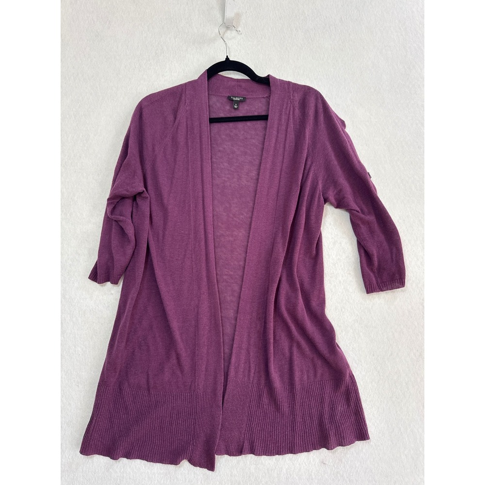 Talbots Purple Linen Blend Open Front Cardigan Roll Tab Sleeve Womens Small